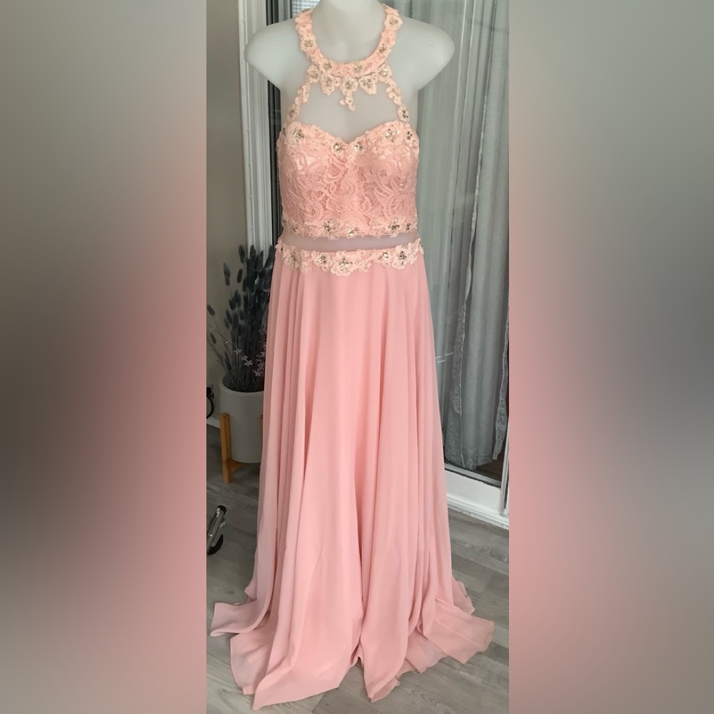 Jeweled Illusion Pink Halter Chiffon Evening Gown